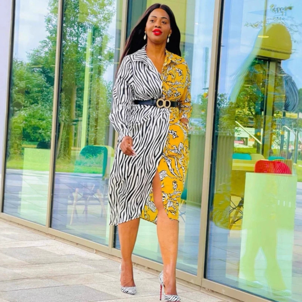 ZARA Elegant Plus Size African Print Lapel Collar Long Dress Loose Fit Women